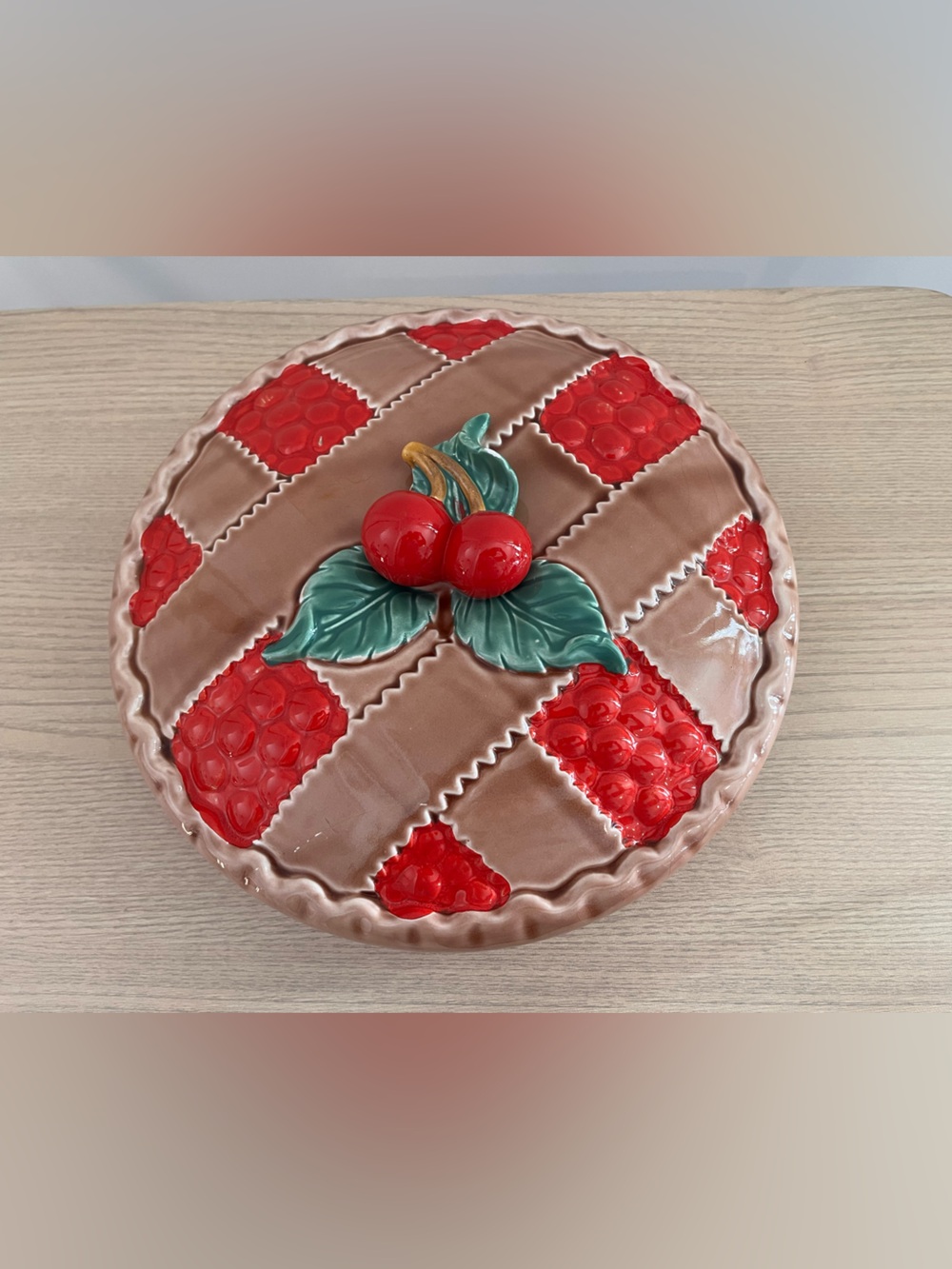 Vintage Cherry Pie Ceramic Keeper Dish and Cover 10in